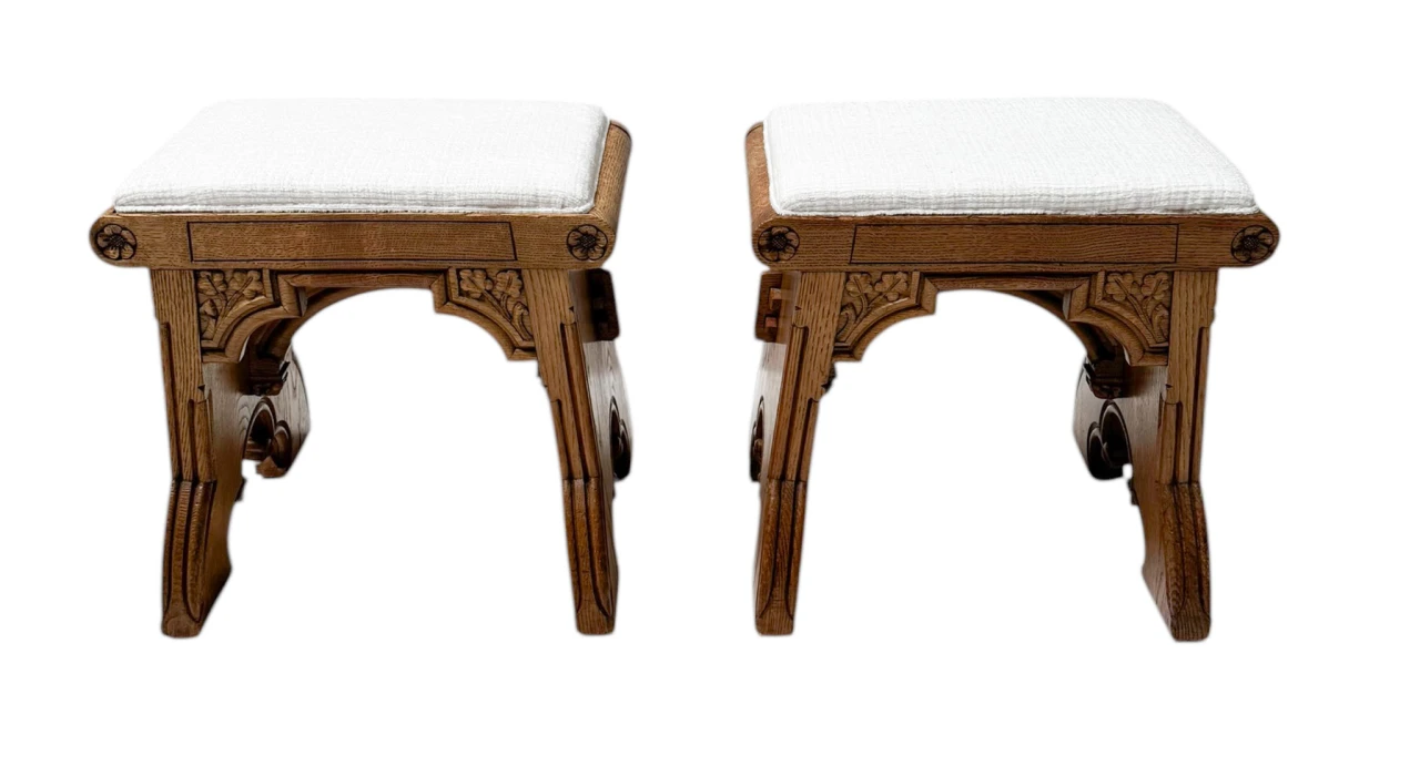 Arts & Crafts Hand-Carved Oak Stools with Boucle Upholstery, 1900s